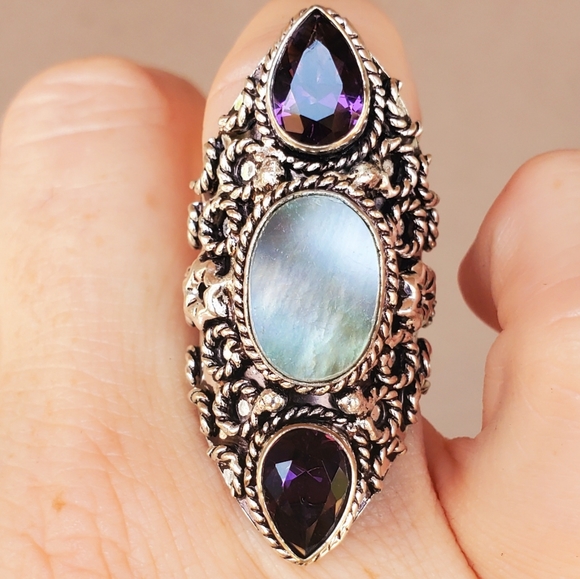 New Abalone Shell & Amethyst 925 Silver Statement Ring. - Picture 14 of 16